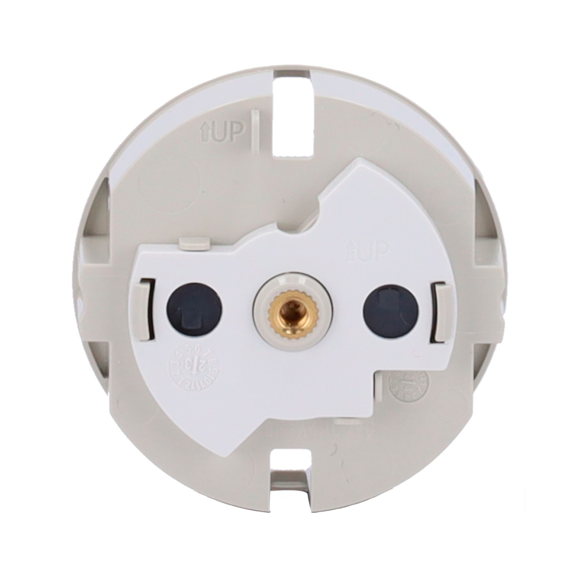 Un portalampada elettrico rotondo bianco e grigio con terminale a vite e due contatti neri.
