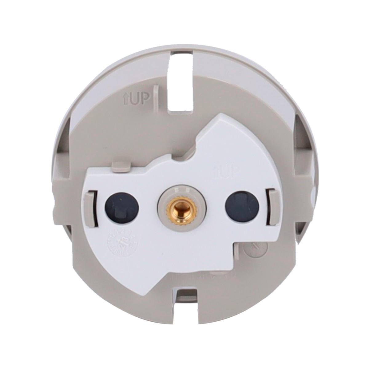 Un portalampada elettrico rotondo bianco e grigio con due punti neri e una vite in ottone.