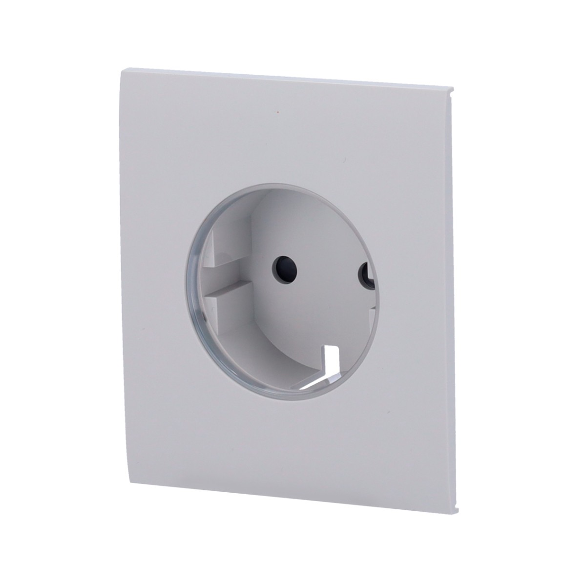 Un inserto per presa elettrica bianco con apertura rotonda e due piccoli fori.