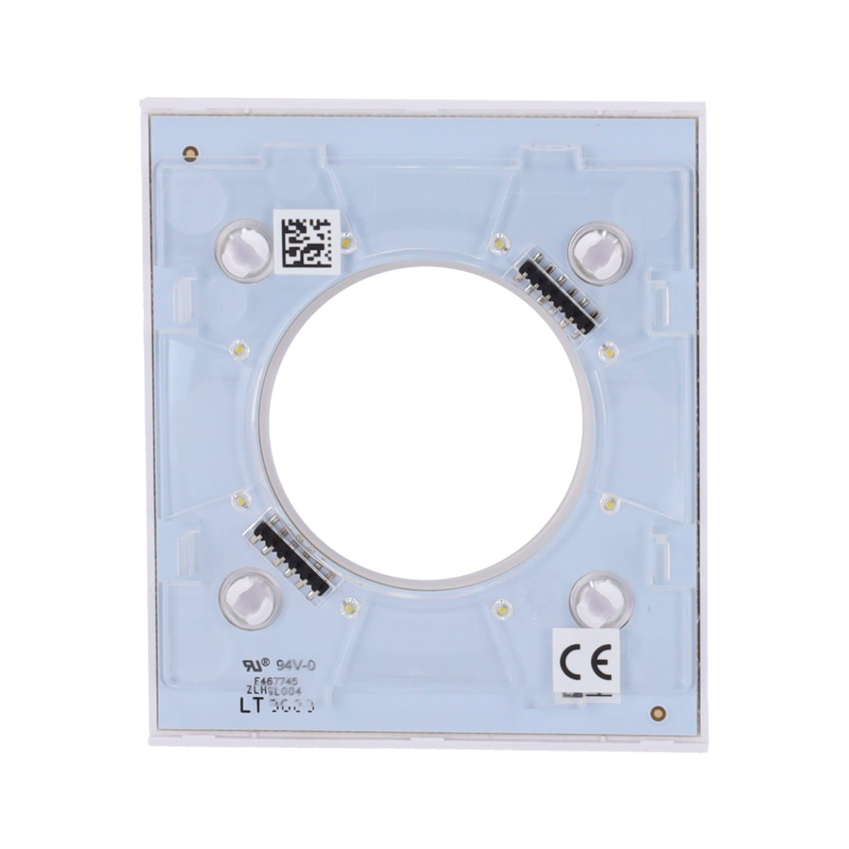 Scheda elettronica quadrata bianca con grande foro circolare, LED e codice QR.