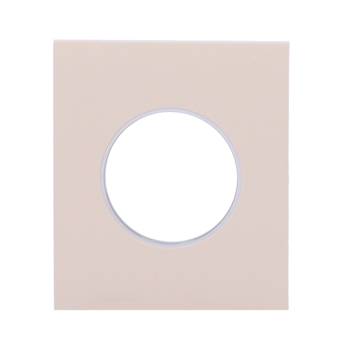 Una cornice quadrata beige con un ritaglio circolare al centro.