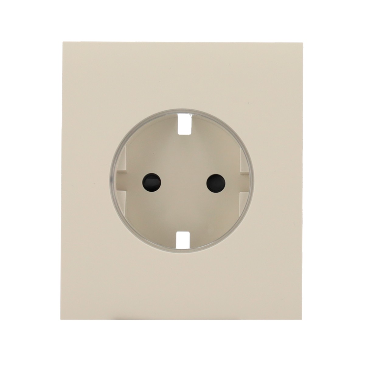 Una presa elettrica color crema con due fori neri rotondi e due fessure strette.