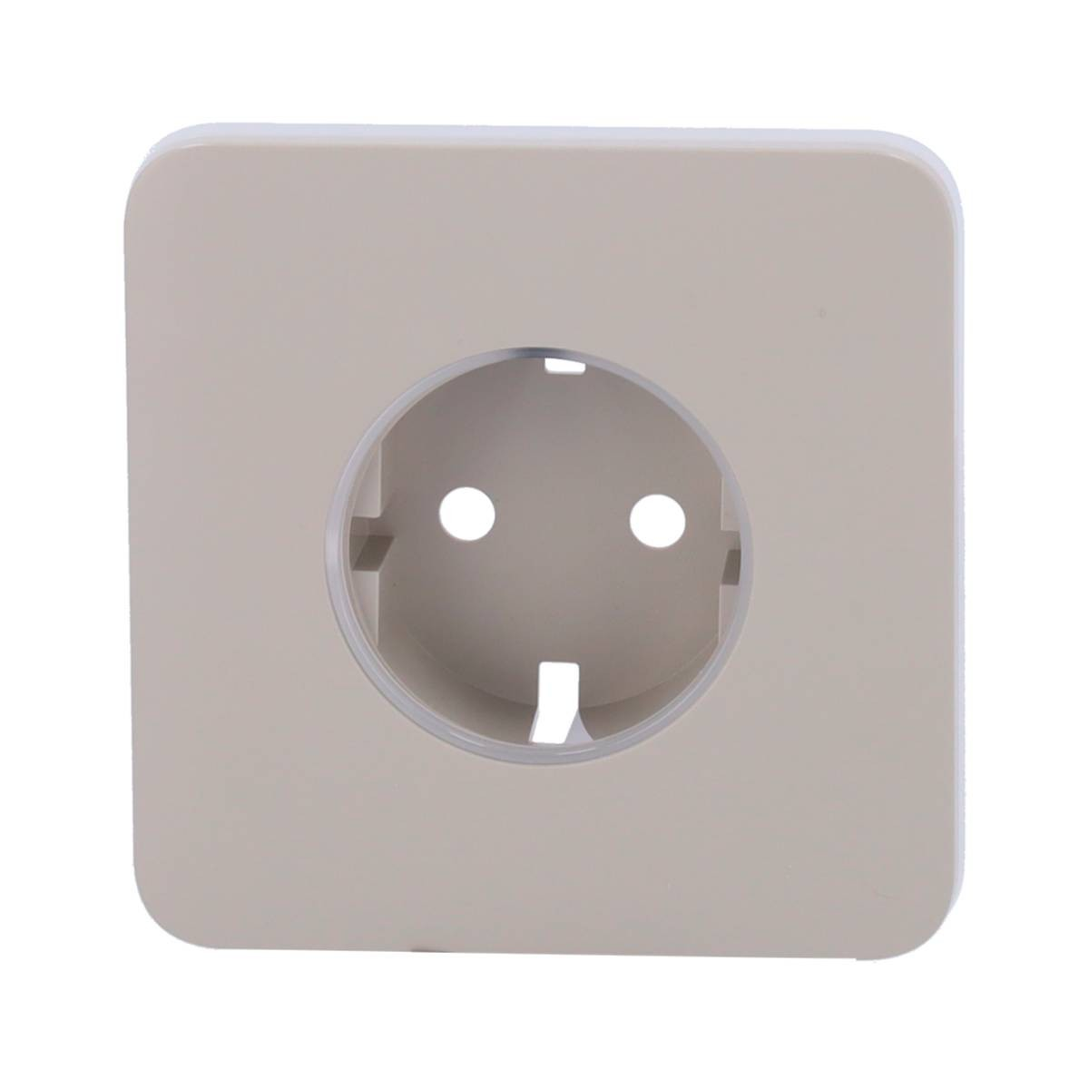 Una presa elettrica beige con due fori rotondi e una fessura rettangolare.