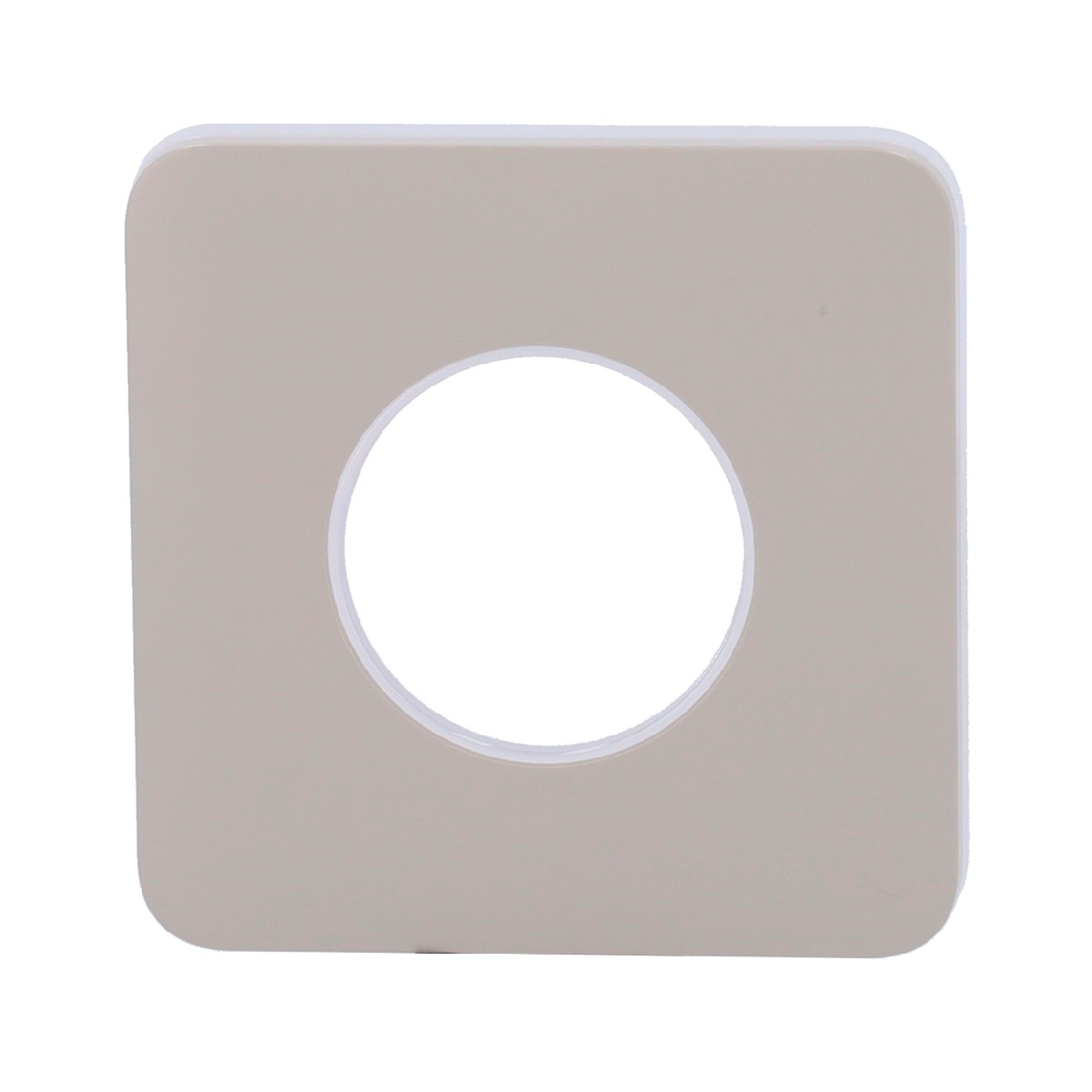 Una cornice quadrata color crema con un ritaglio circolare al centro.