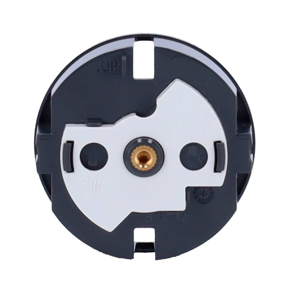Retro di un componente rotondo e scuro con accenti bianchi e grigi e un bullone dorato.