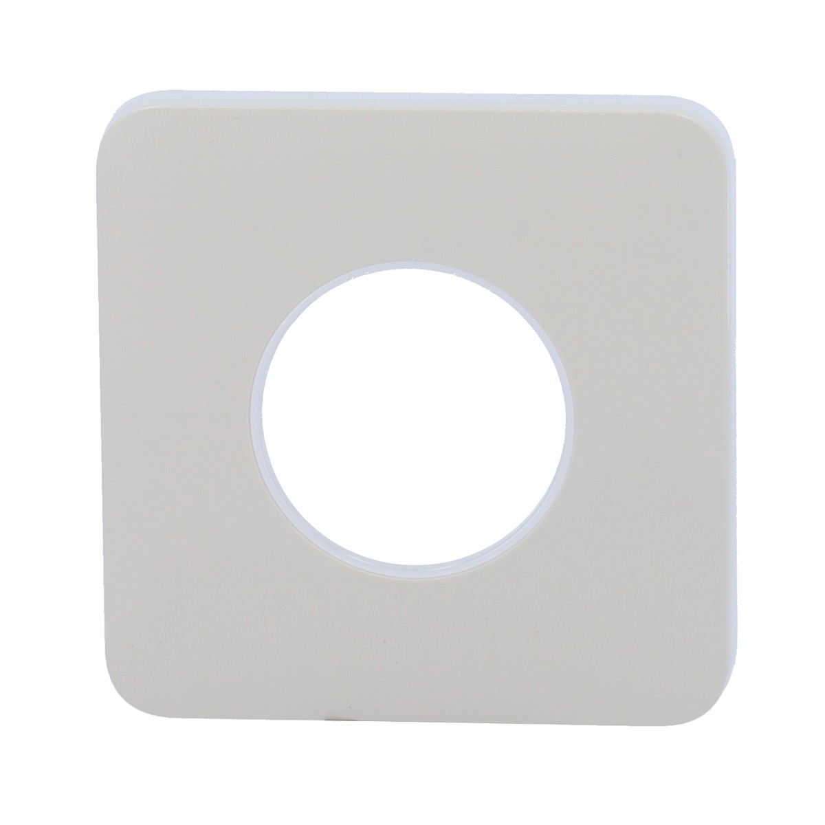 Una cornice quadrata color crema con angoli arrotondati e un foro circolare al centro.