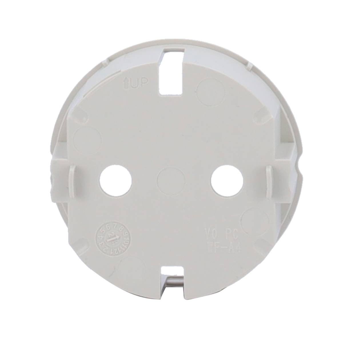 Copertura rotonda in plastica bianca con due fori e marcatura 'TUP'.
