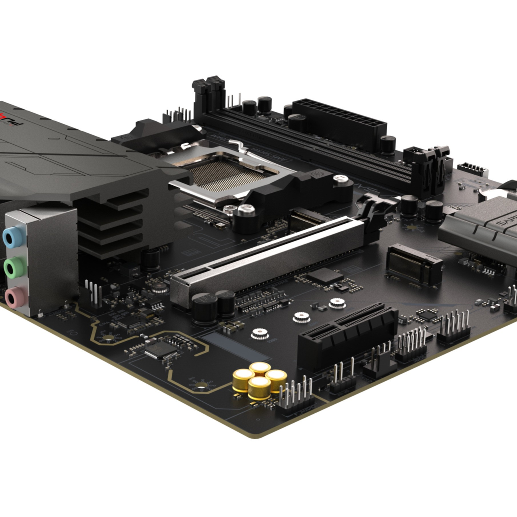 Una scheda madre nera con socket CPU, slot RAM e connettori.