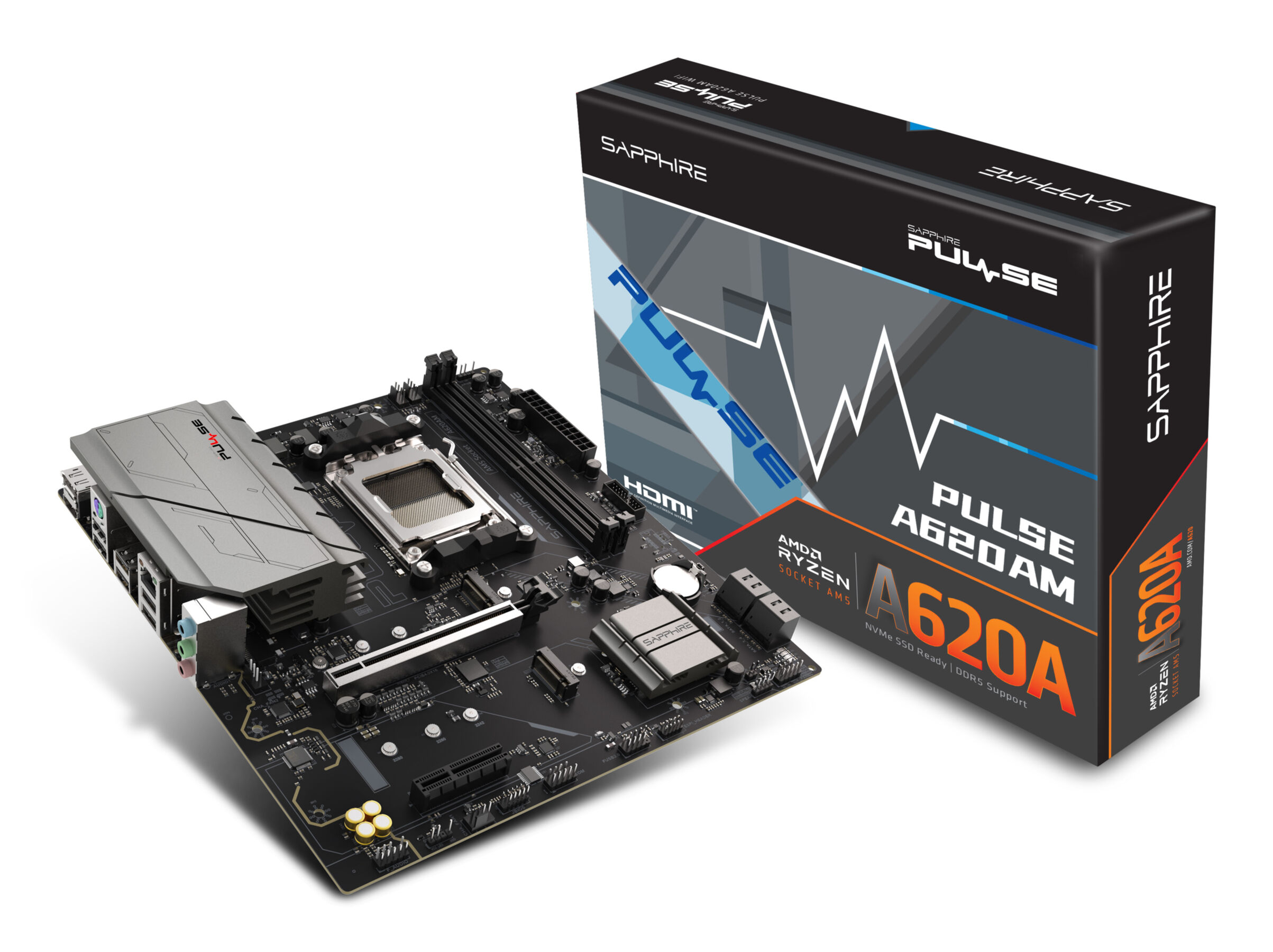 Una scheda madre e la sua scatola, marchiate Sapphire Pulse A620AM.