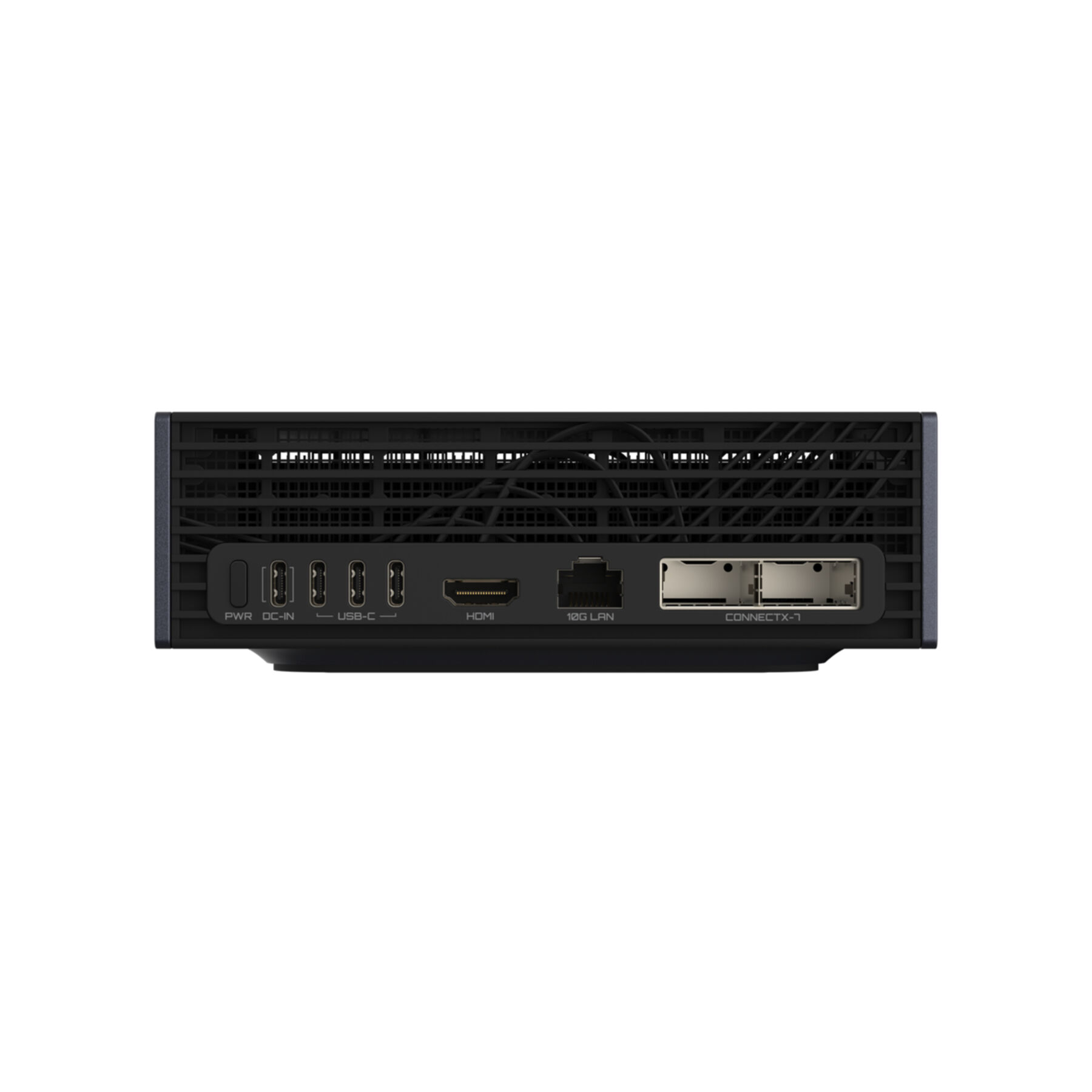 Parte trasera de mini PC negro con puertos: PWR, DC-IN, USB-C, HDMI, 10G LAN y ConnectX-1.