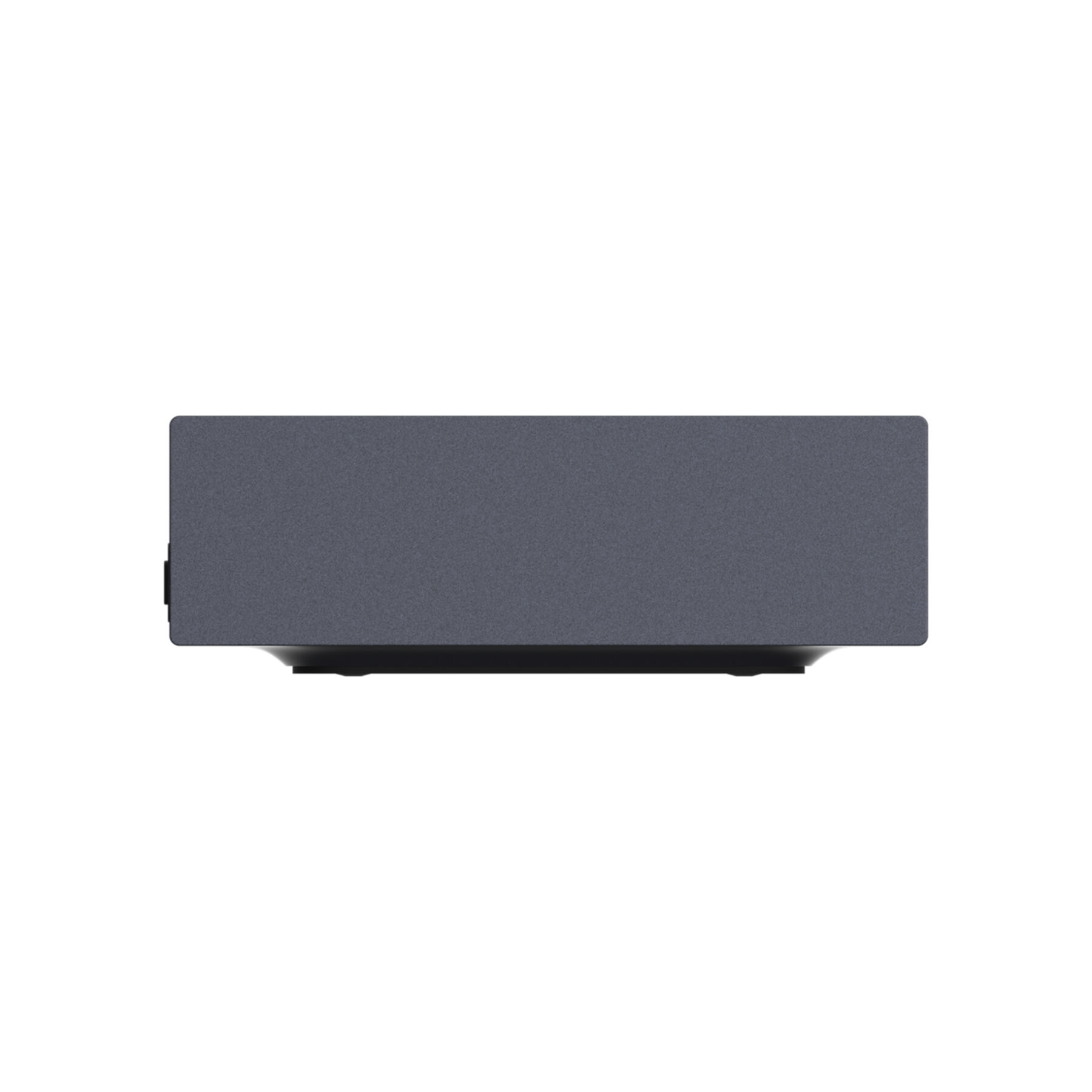 Dispositivo electrónico rectangular gris sobre base negra, fondo blanco.