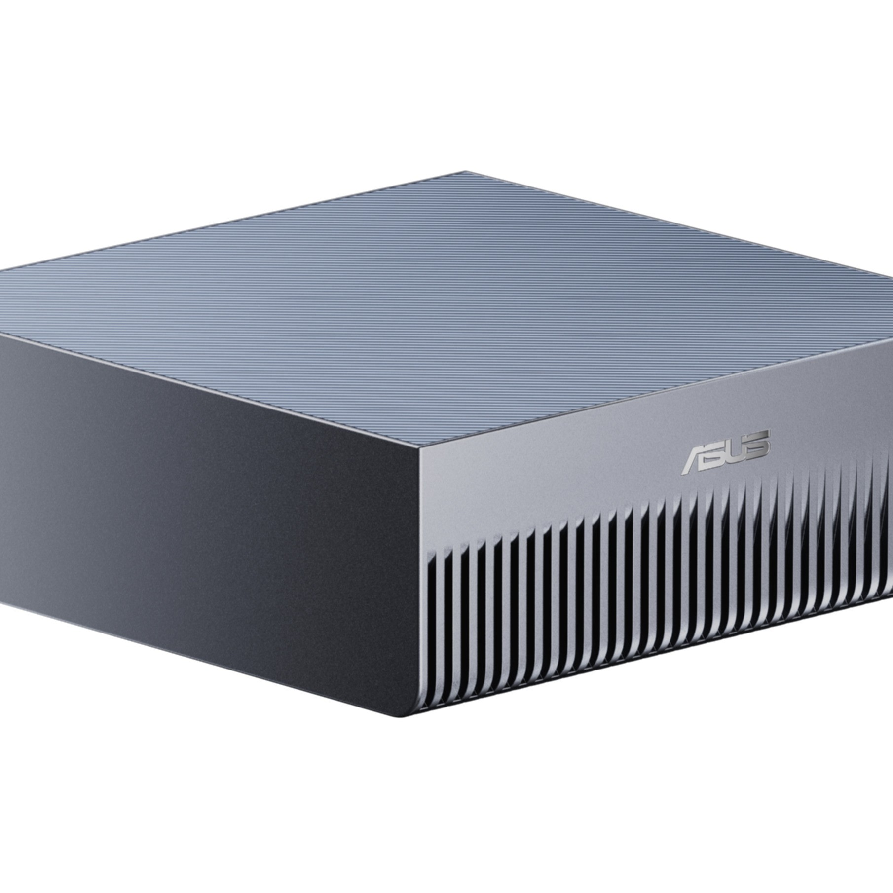 Kompaktowy, szary mini PC ASUS z otworami wentylacyjnymi i prążkowaną pokrywą.