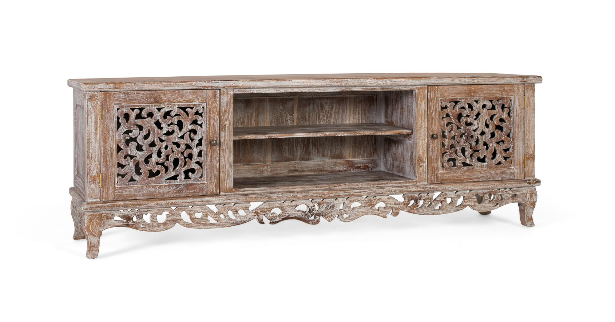 Un mueble de madera marrón con puertas talladas y dos estantes abiertos.