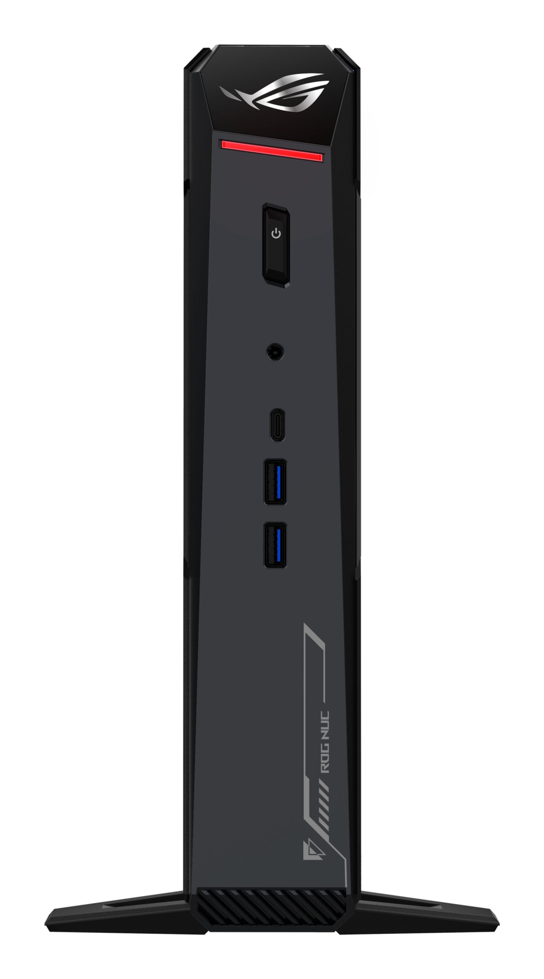 Schwarzer Gaming-PC mit ROG-Logo, Power-Button und USB-Anschlüssen.