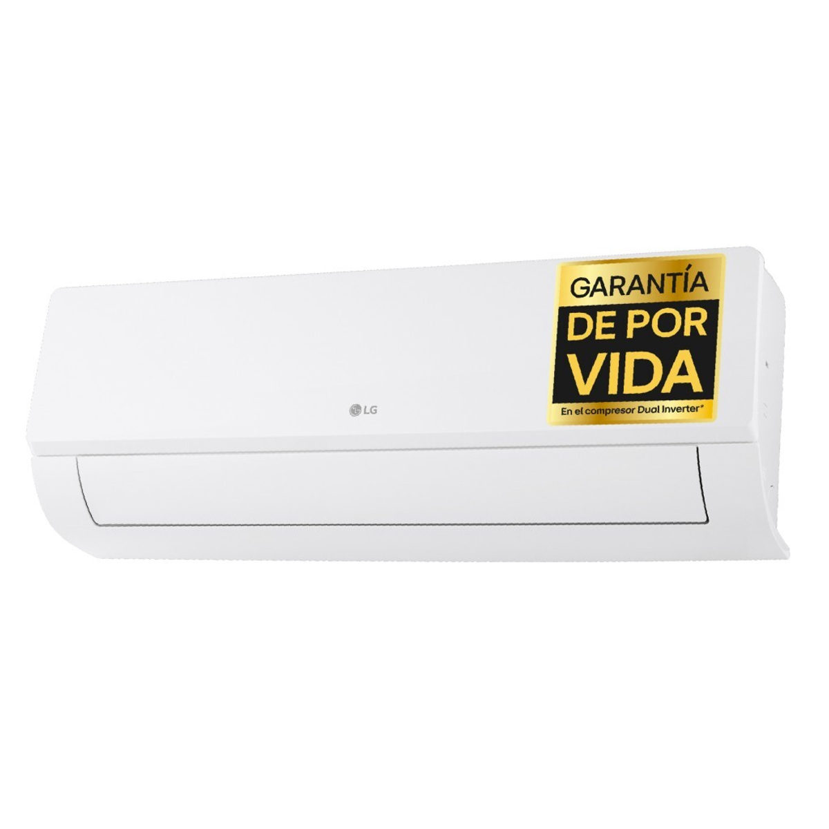 Un aire acondicionado blanco con logo LG y etiqueta amarilla de garantía.