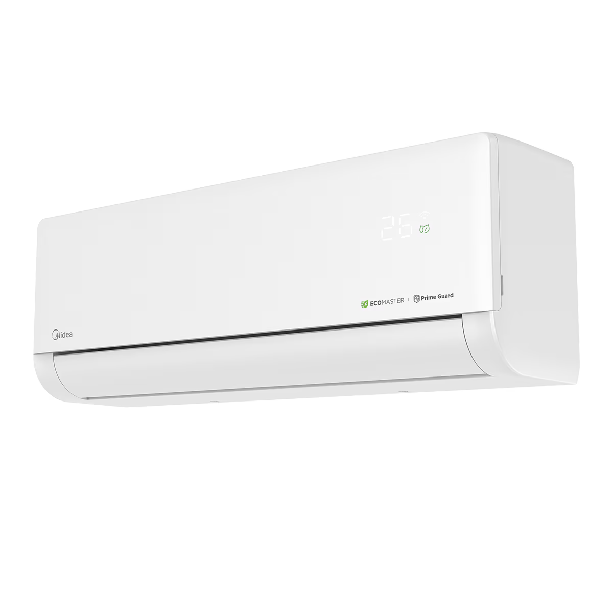 Una unidad de aire acondicionado blanca con pantalla digital y logo.