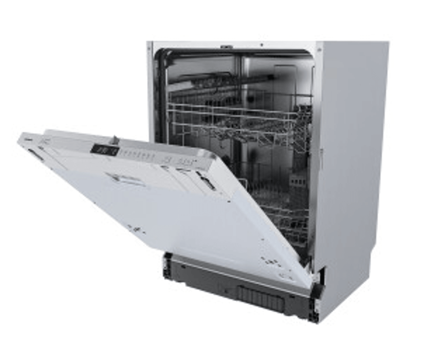 Un lavavajillas plateado con la puerta abierta, mostrando las rejillas interiores.