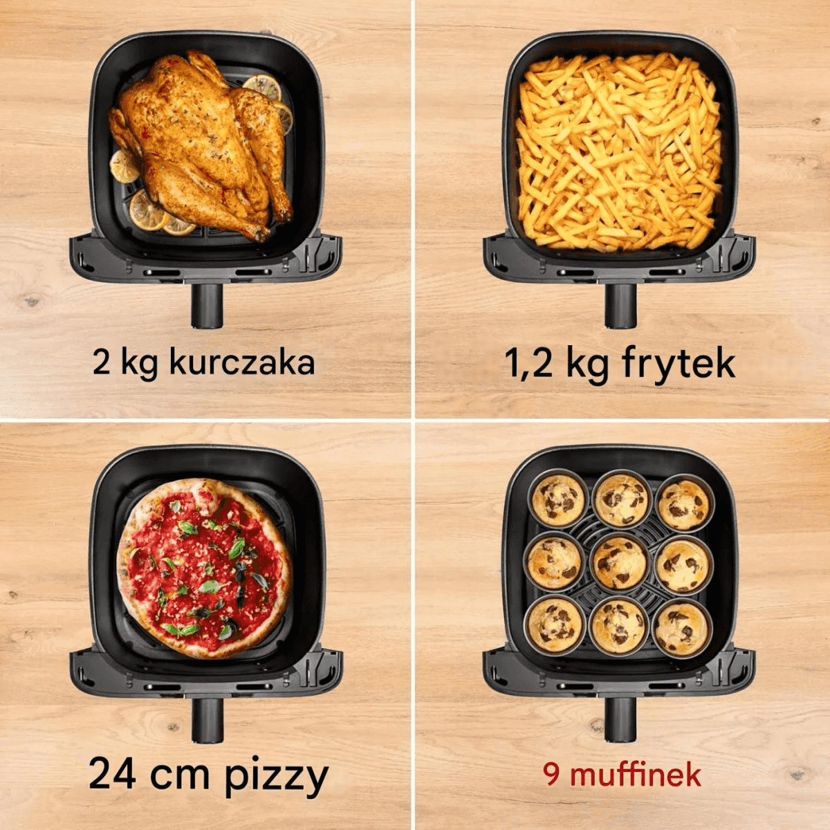 Un pollo, patatine fritte, pizza e muffin in un cestello per friggitrice ad aria nero.