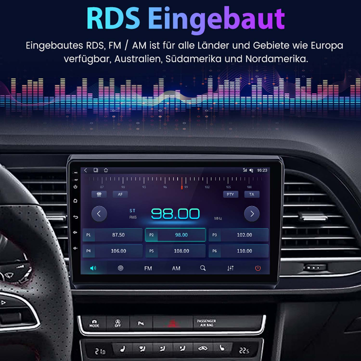 Einbau-RDS, FM/AM-Radio in einem Auto-Armaturenbrett mit spektraler Anzeige.