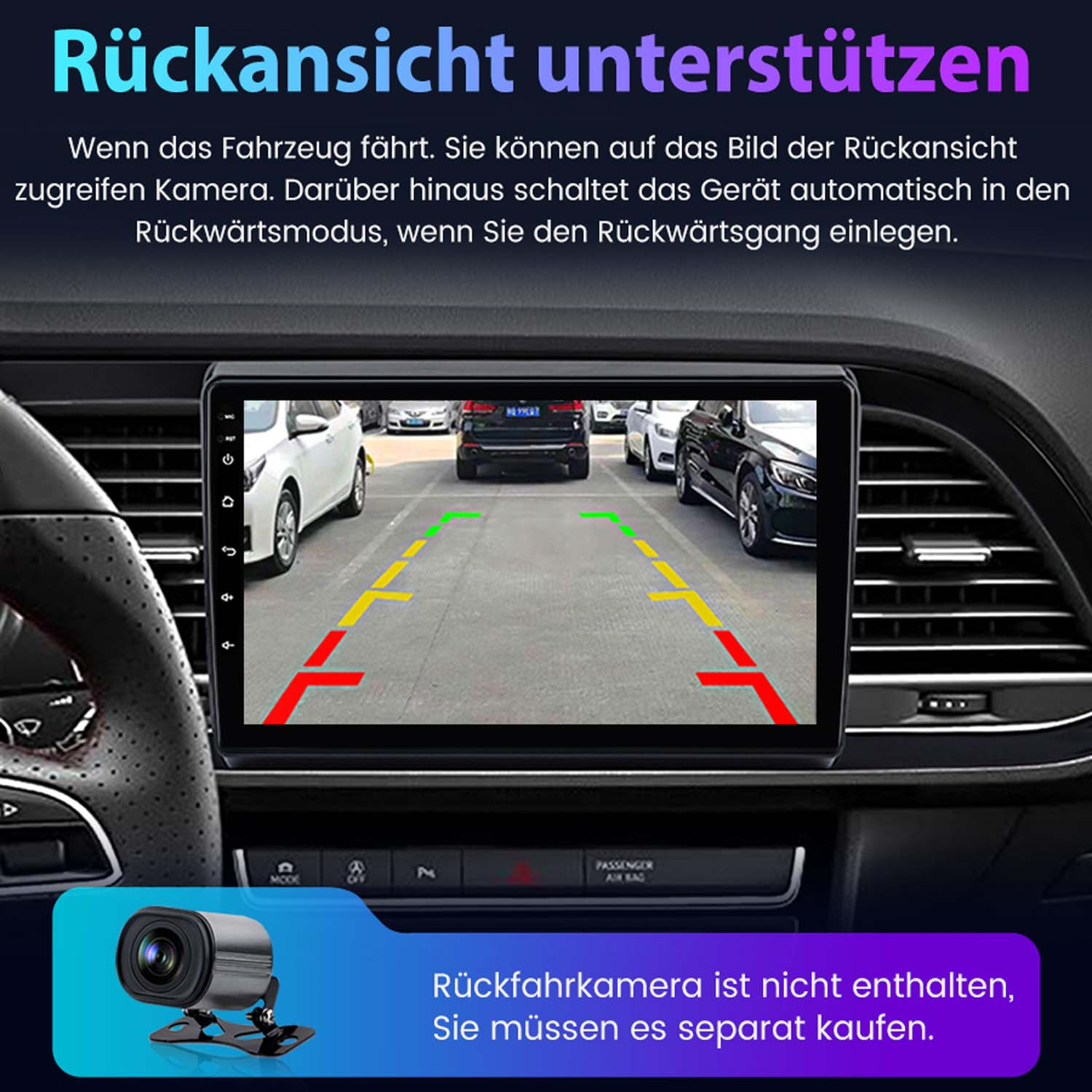 Ein Autoradio zeigt eine Rückfahrkamera-Ansicht mit Parkhilfslinien.