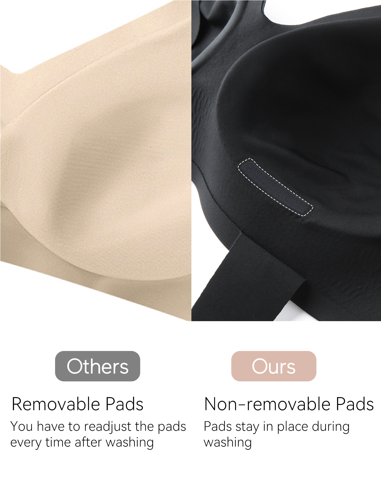Comparación de almohadillas de sujetador extraíbles vs no extraíbles: beige a la izquierda, negro a la derecha.