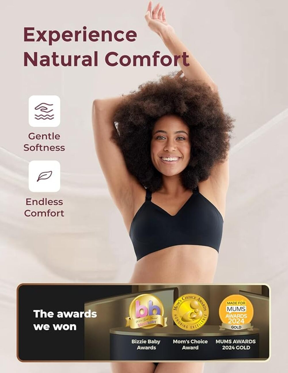 Mujer con sujetador negro y pelo voluminoso, texto sobre comodidad y premios.