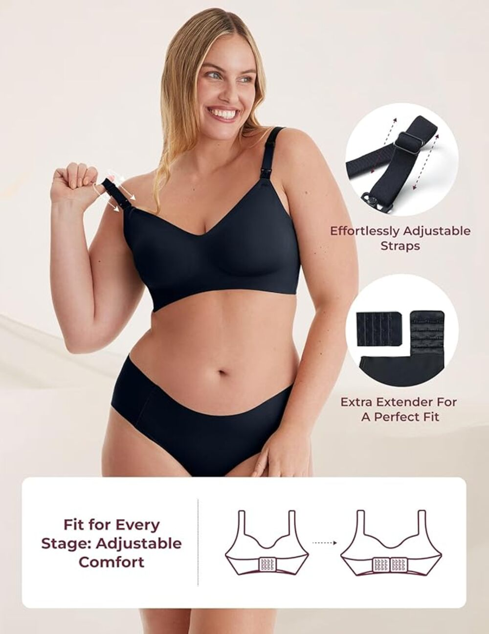 Mujer en sujetador y bragas negras, mostrando tirantes ajustables y un extensor.