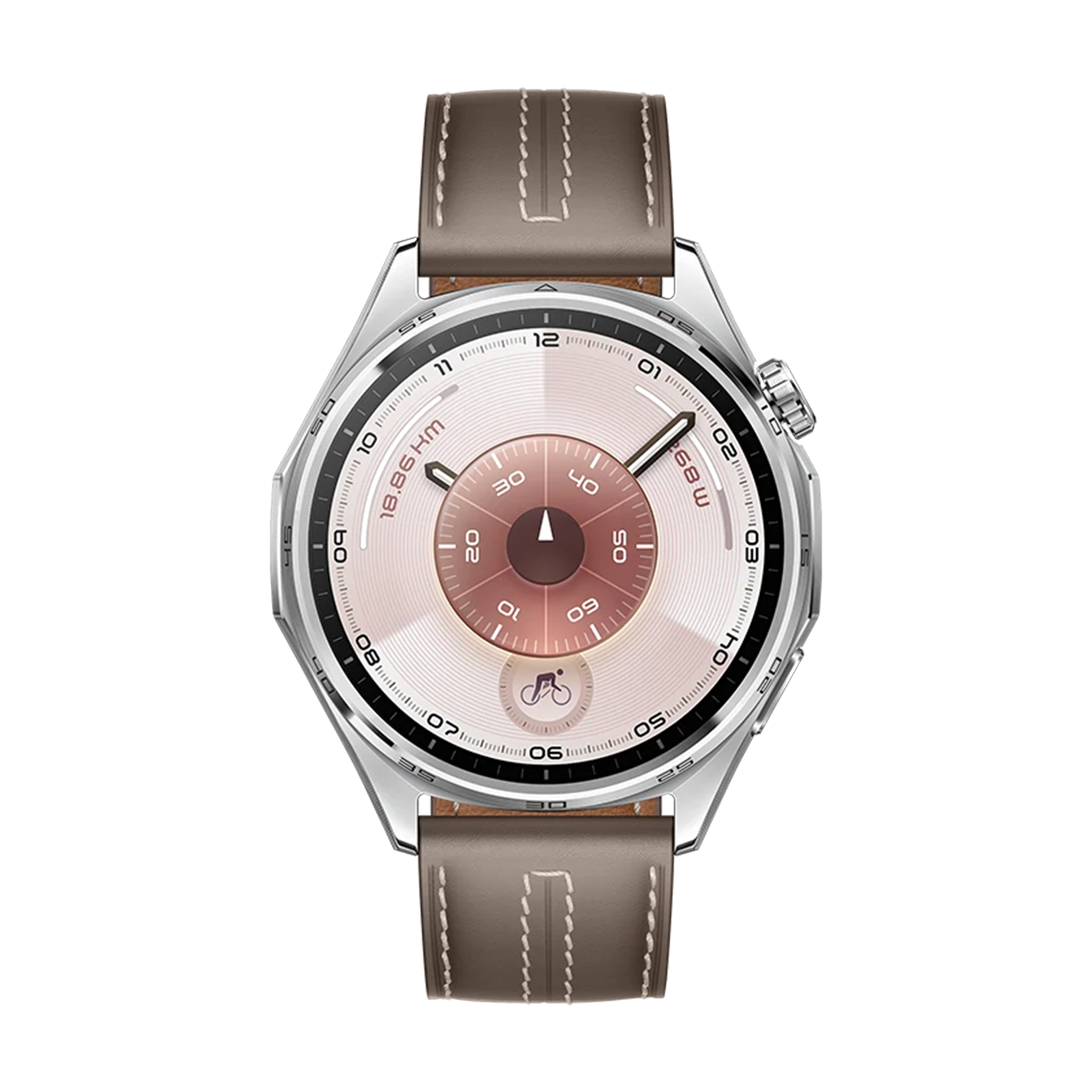 Zilveren smartwatch met bruine leren band en ronde wijzerplaat.