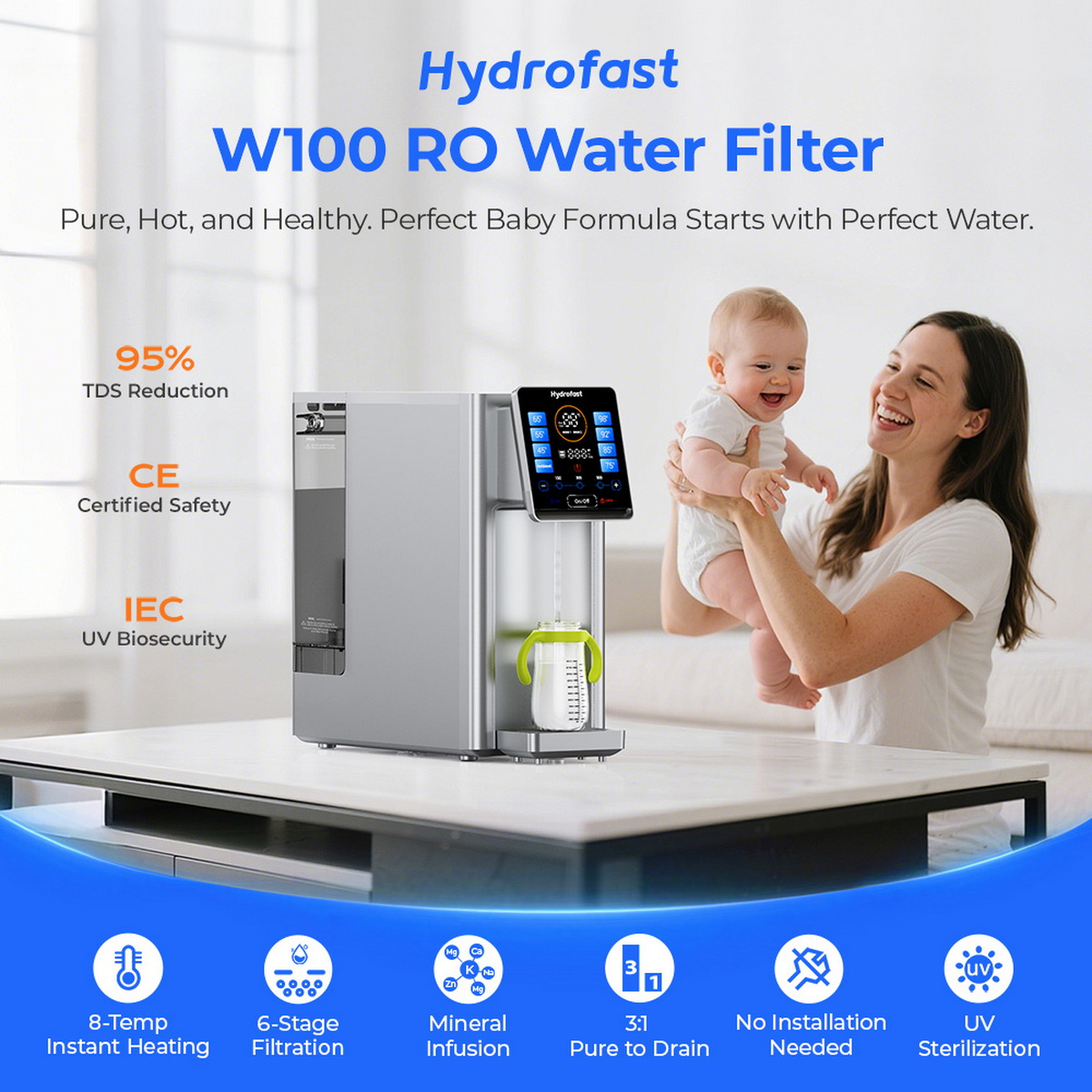 Filtro de agua Hydrofast W100 RO con madre y bebé. Reducción del 95% de TDS.