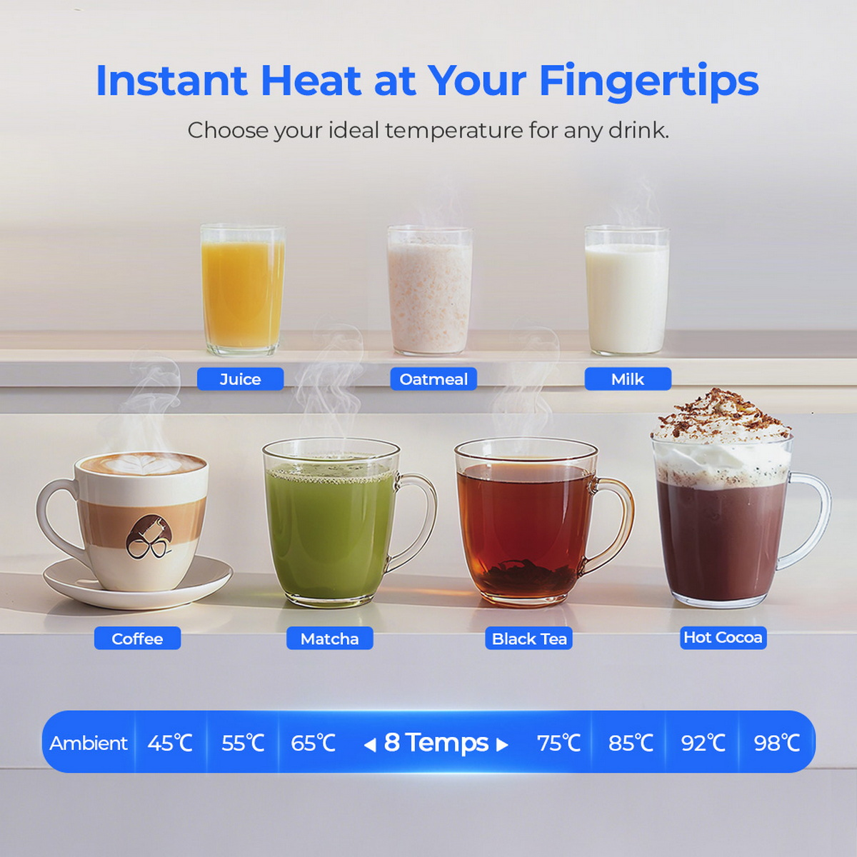 Bebidas calientes: Jugo, Avena, Leche, Café, Matcha, Té negro, Chocolate caliente. Opciones de temp.