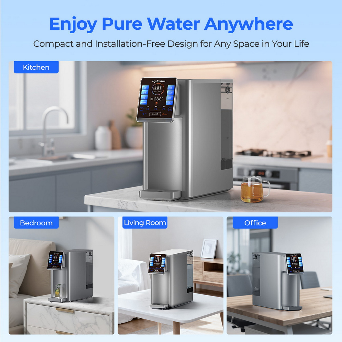 Ein moderner Wasserspender steht in verschiedenen Räumen: Küche, Schlafzimmer, Wohnzimmer und Büro.