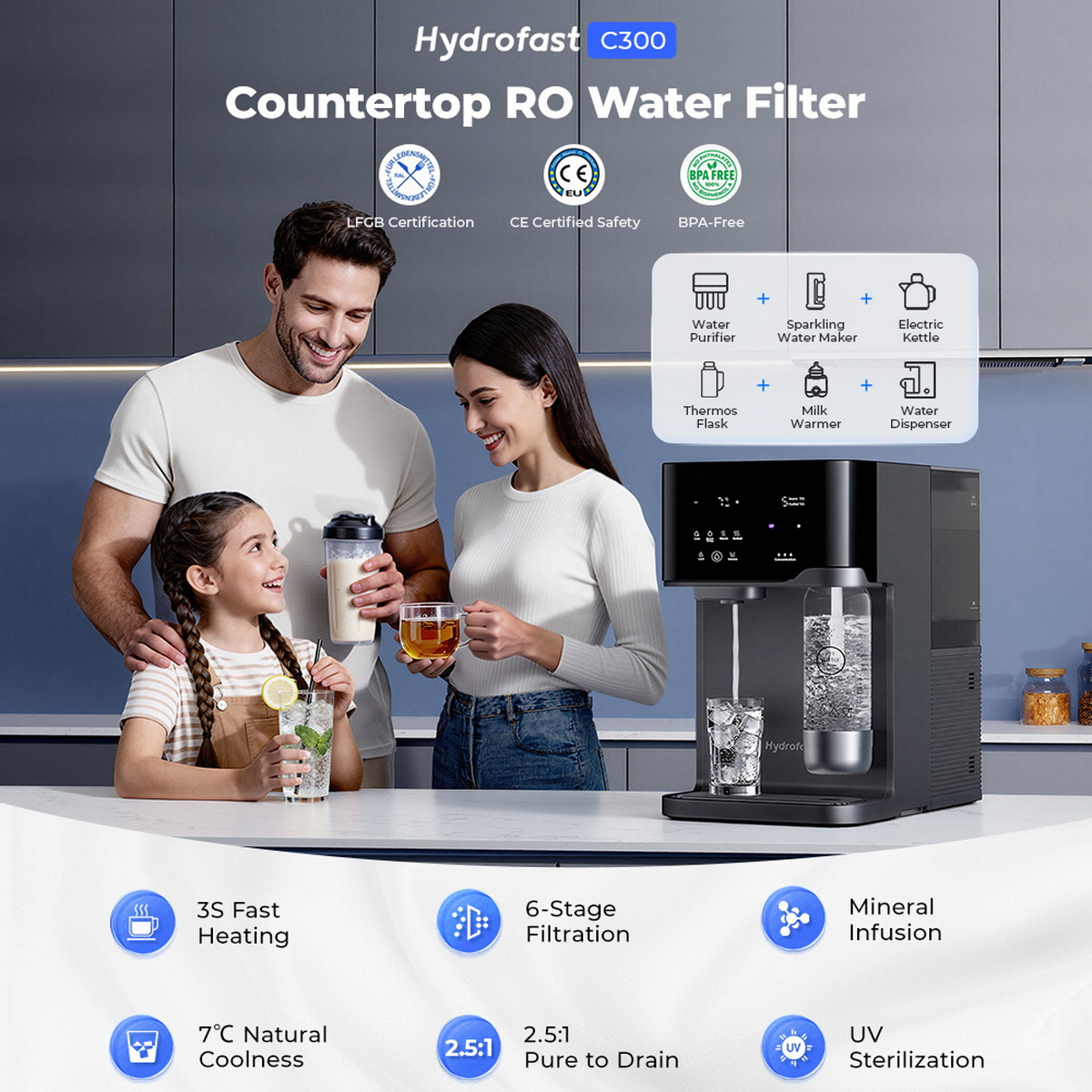 Familie genießt Getränke neben einem Hydrofast C300 Wasserfilter mit verschiedenen Funktionen.
