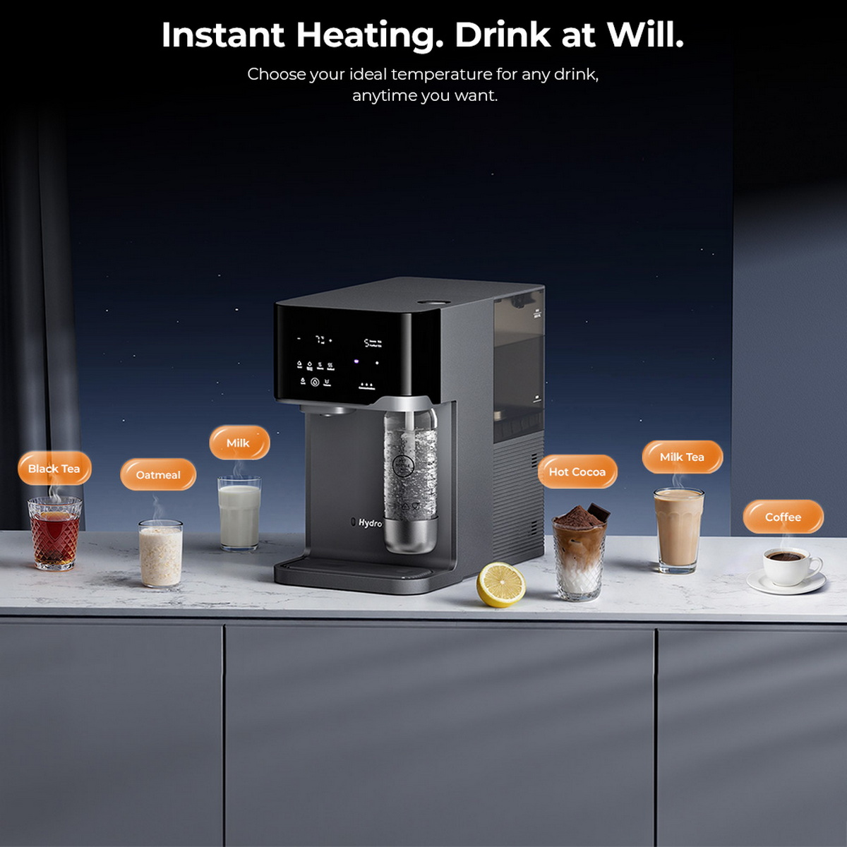 Ein Wasserspender mit verschiedenen Getränken wie Kaffee, Tee und Kakao.