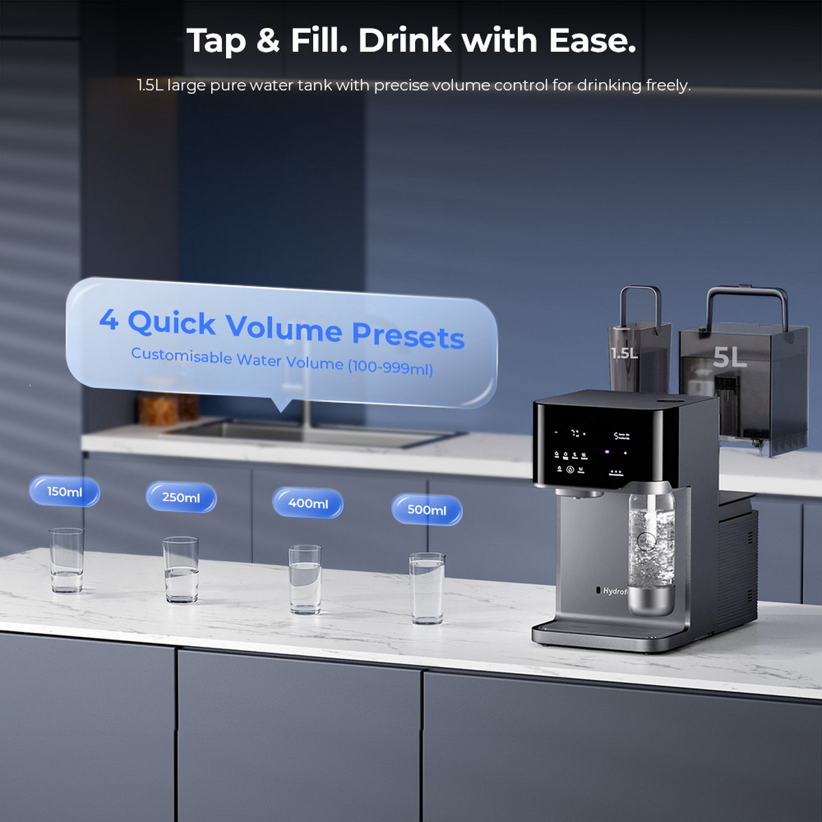 Wasserspender mit 4 Voreinstellungen für Wassermenge, von 150ml bis 500ml.