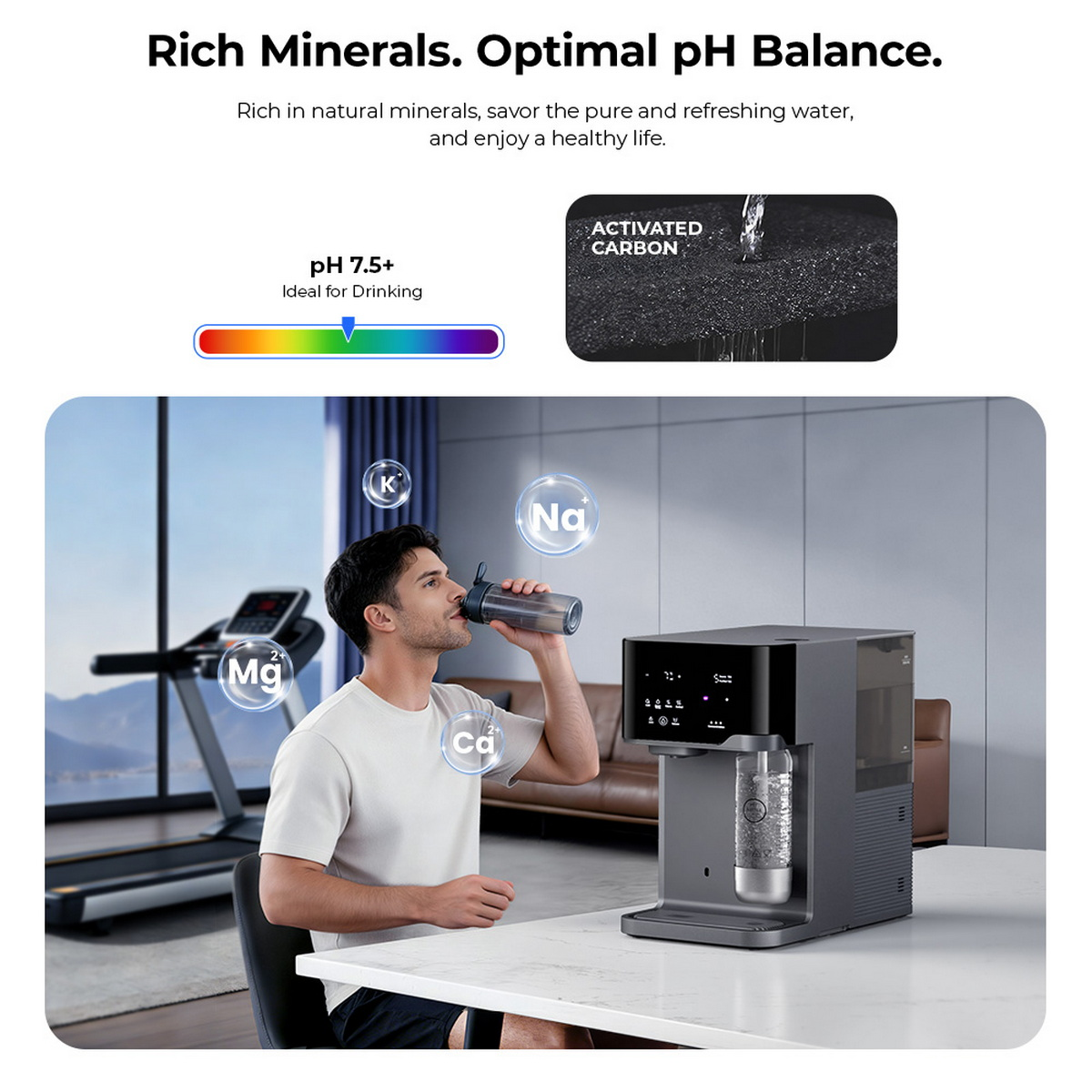 Mann trinkt Wasser, Wasserspender mit Mineralienanzeige und Aktivkohlefilter.