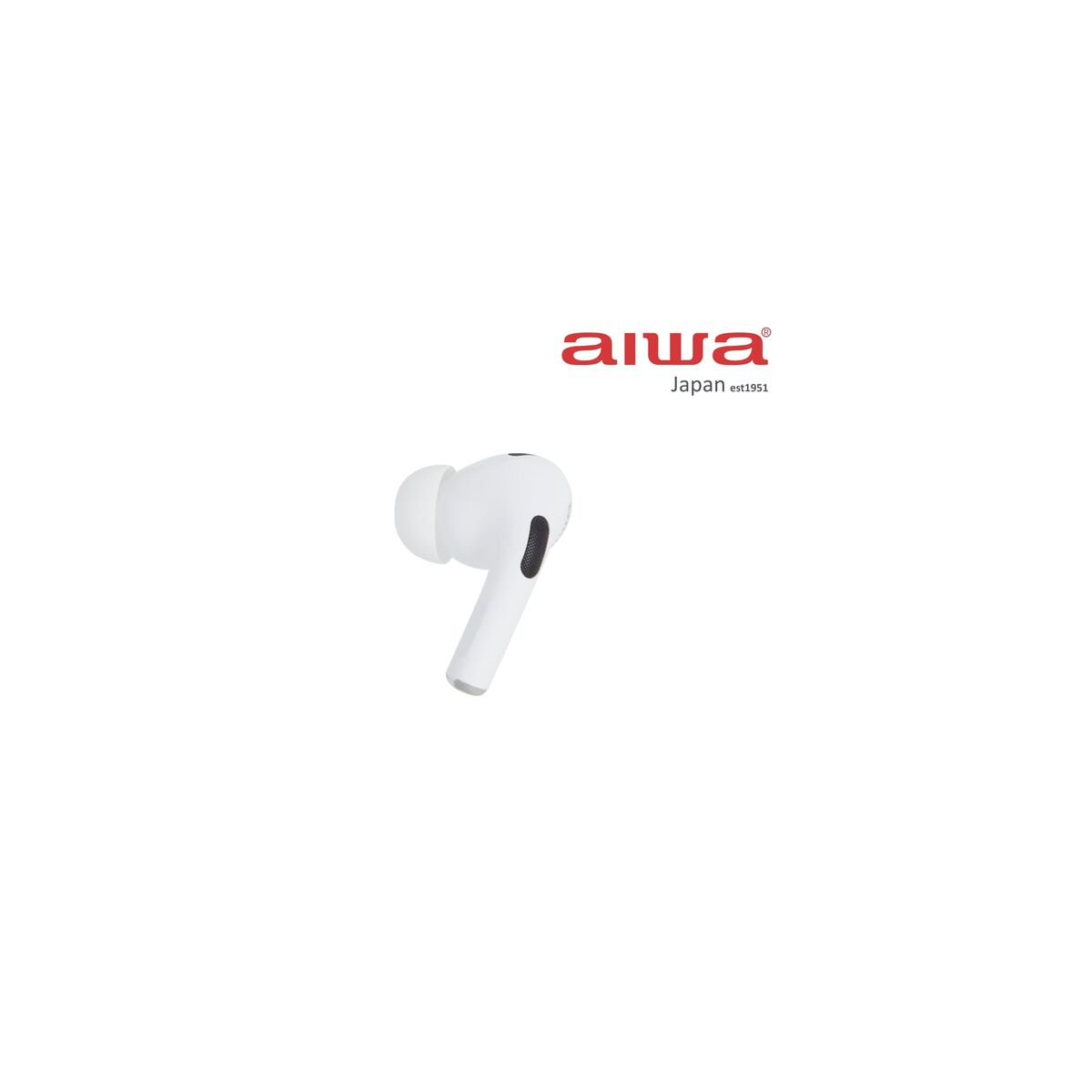 Ein weißer Aiwa-Kopfhörer mit schwarzem Detail, japanisches Logo oben.