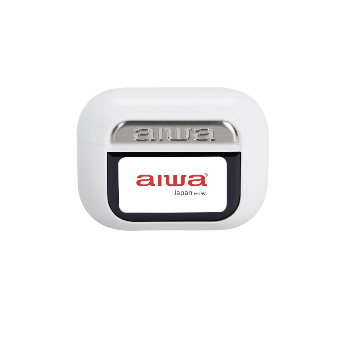 Weißes Ladeetui mit Aiwa-Logo und „Japan est1951“.