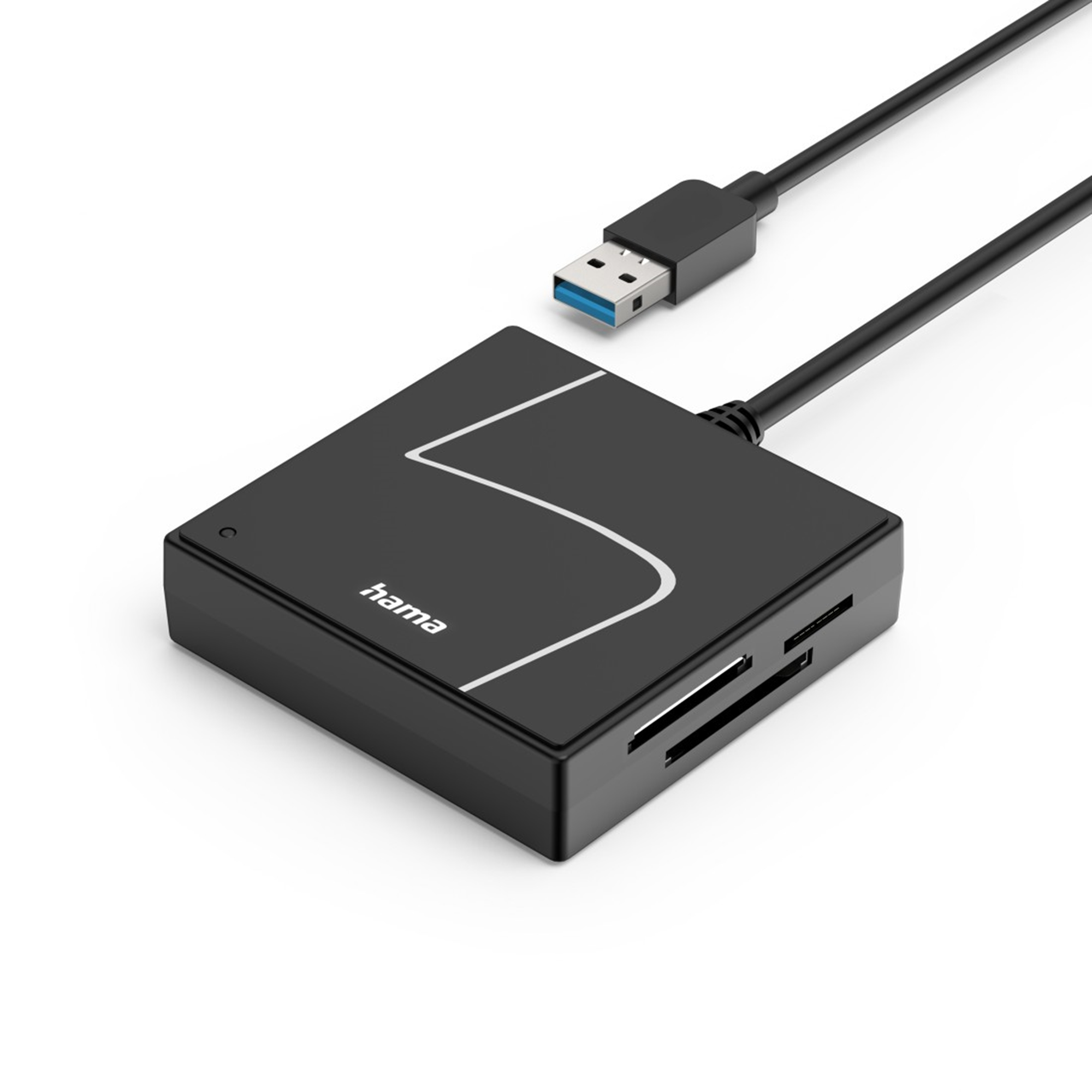 Lettore di schede Hama nero con connettore USB su sfondo bianco.