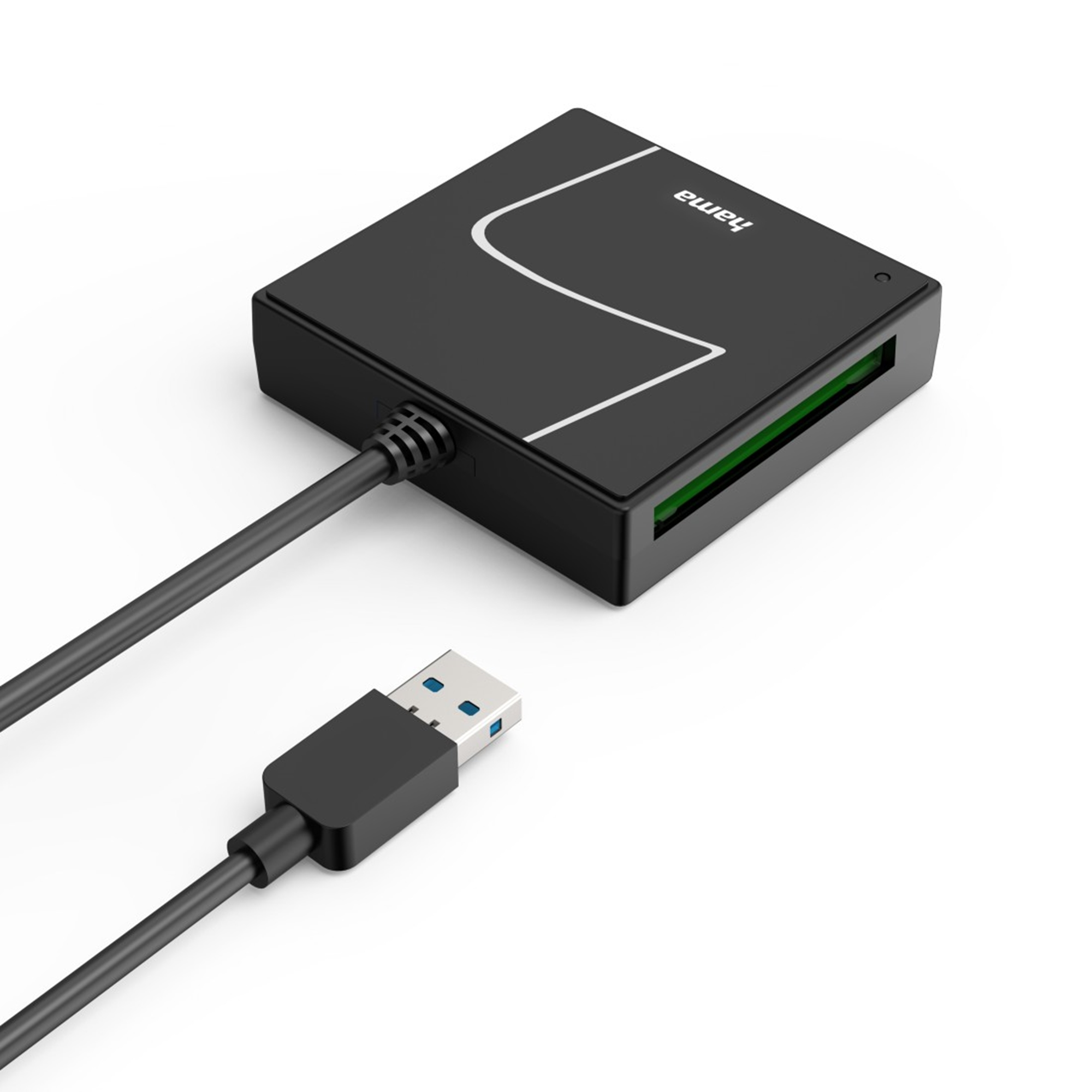 Lettore di schede nero con cavo USB, logo Hama, linea bianca.