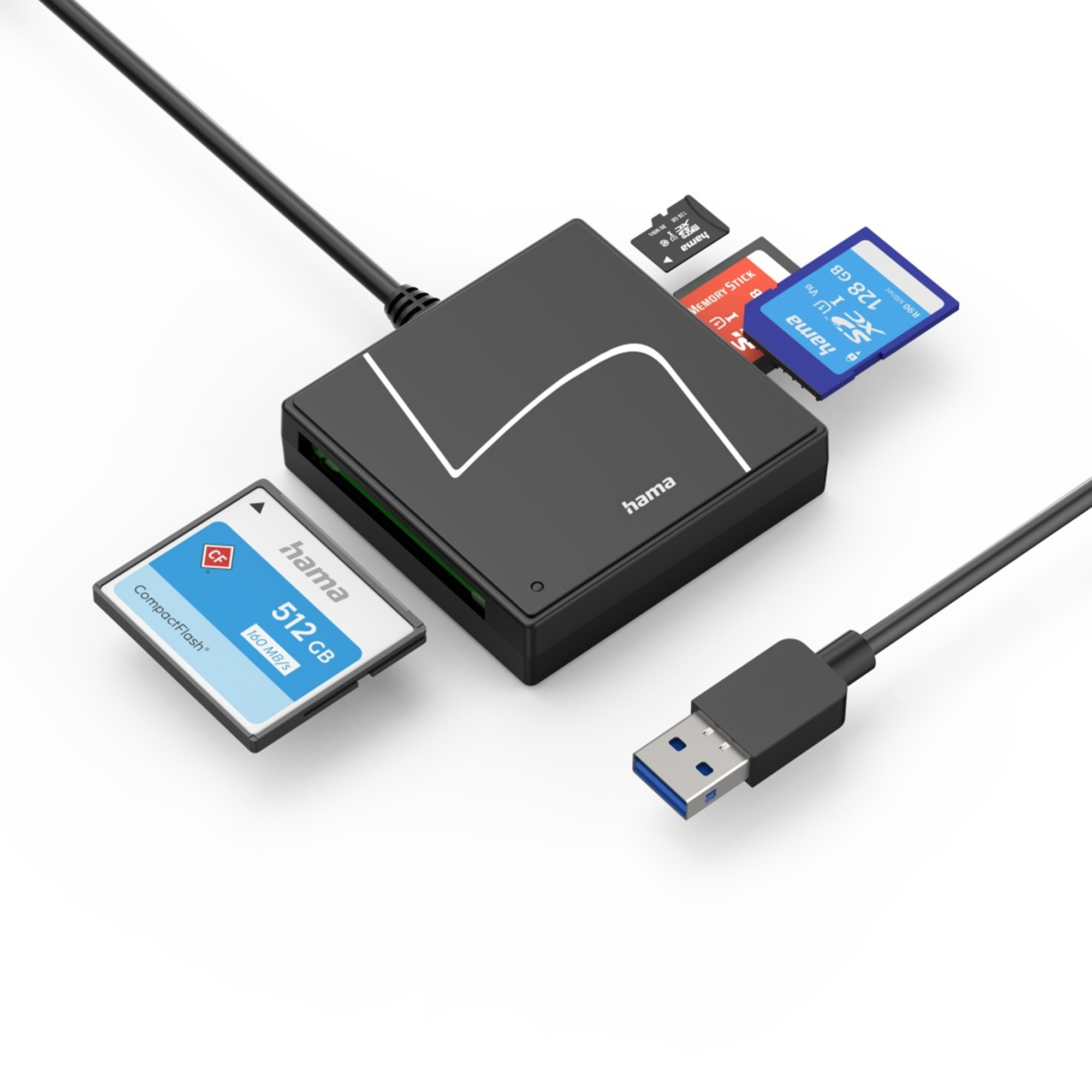 Un lettore di schede nero con schede SD, microSD e CompactFlash e un cavo USB.