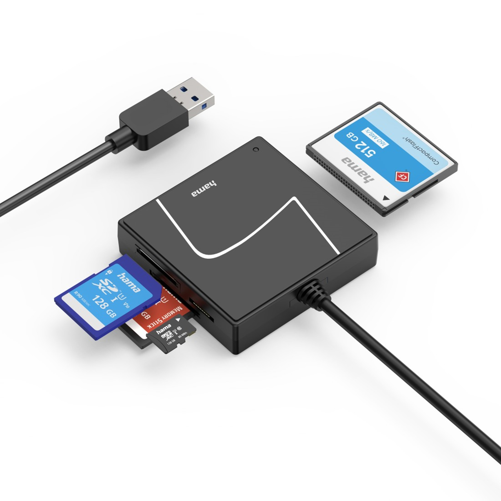 Un lettore di schede nero con schede SD, microSD e CF, e cavi USB.