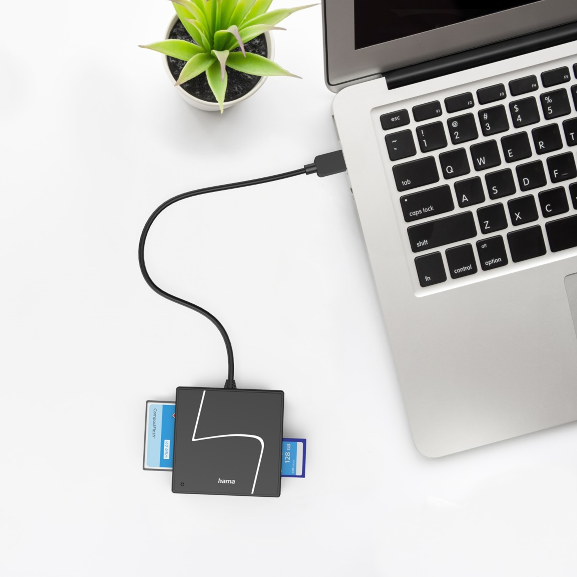 Un lettore di schede con schede SD e CompactFlash collegato a un laptop.