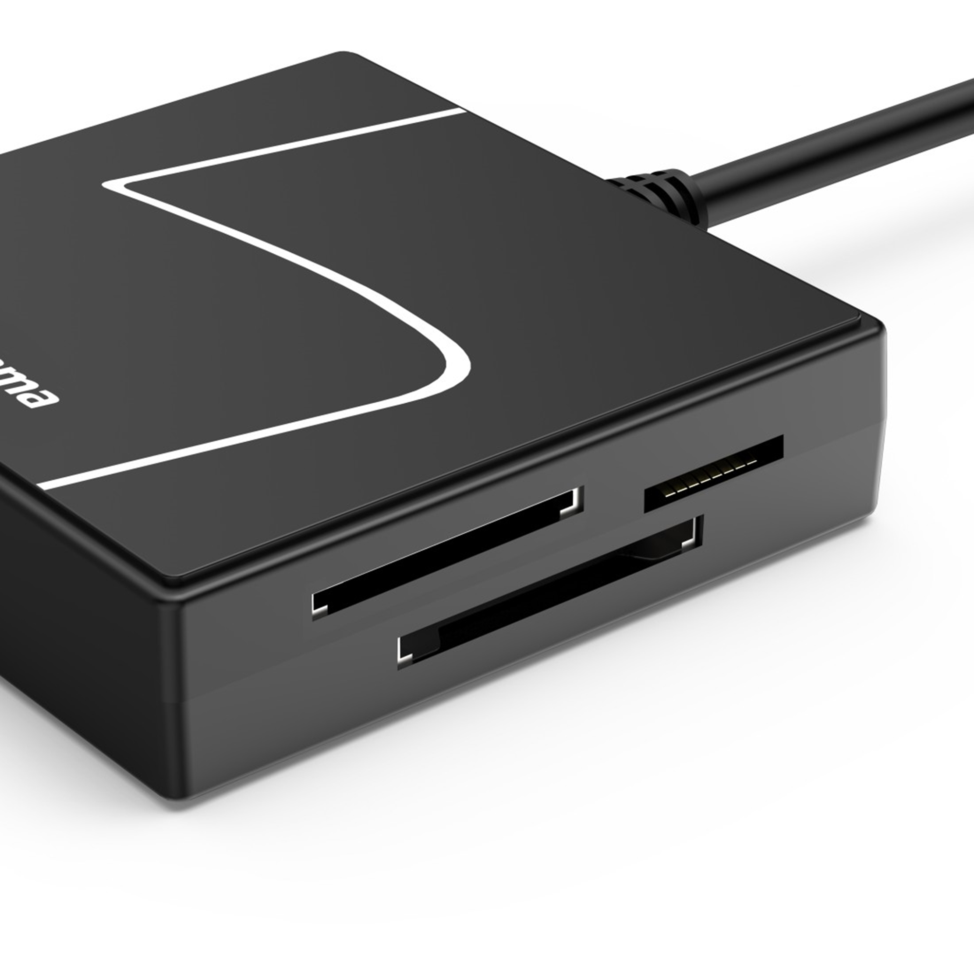 Lettore di schede nero con slot SD e Micro SD e logo bianco.