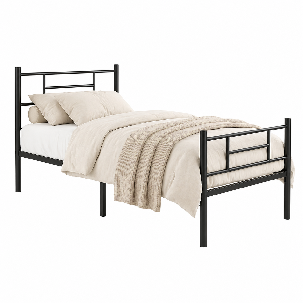 Ein schwarzes Metall-Einzelbett mit beiger Bettwäsche und einer Strickdecke.