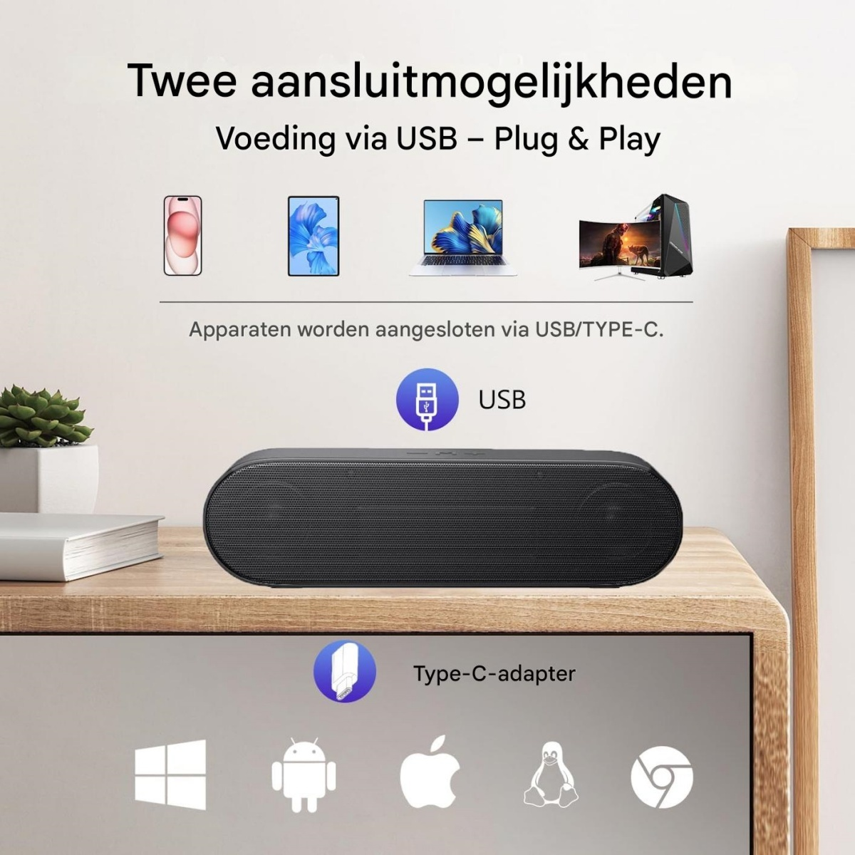 Schwarzer Lautsprecher mit USB- und Typ-C-Anschlusssymbolen und Gerätebildern.