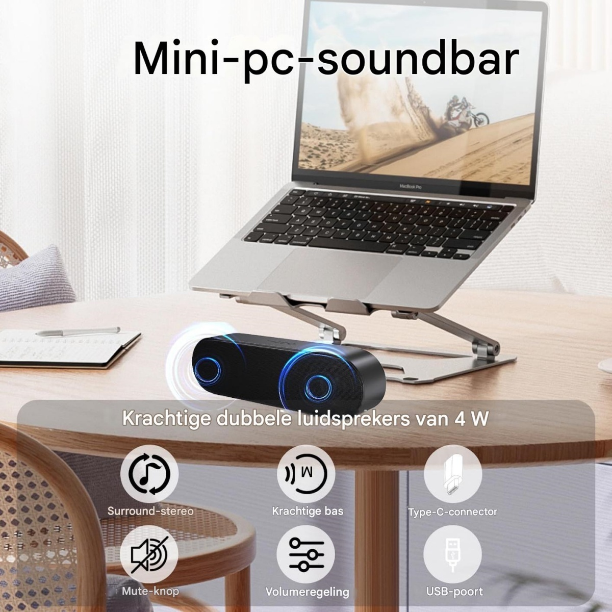 Mini-PC-Soundbar mit Laptop auf Ständer, mit Symbolen für Surround-Stereo, Bass, Lautstärkeregelung.