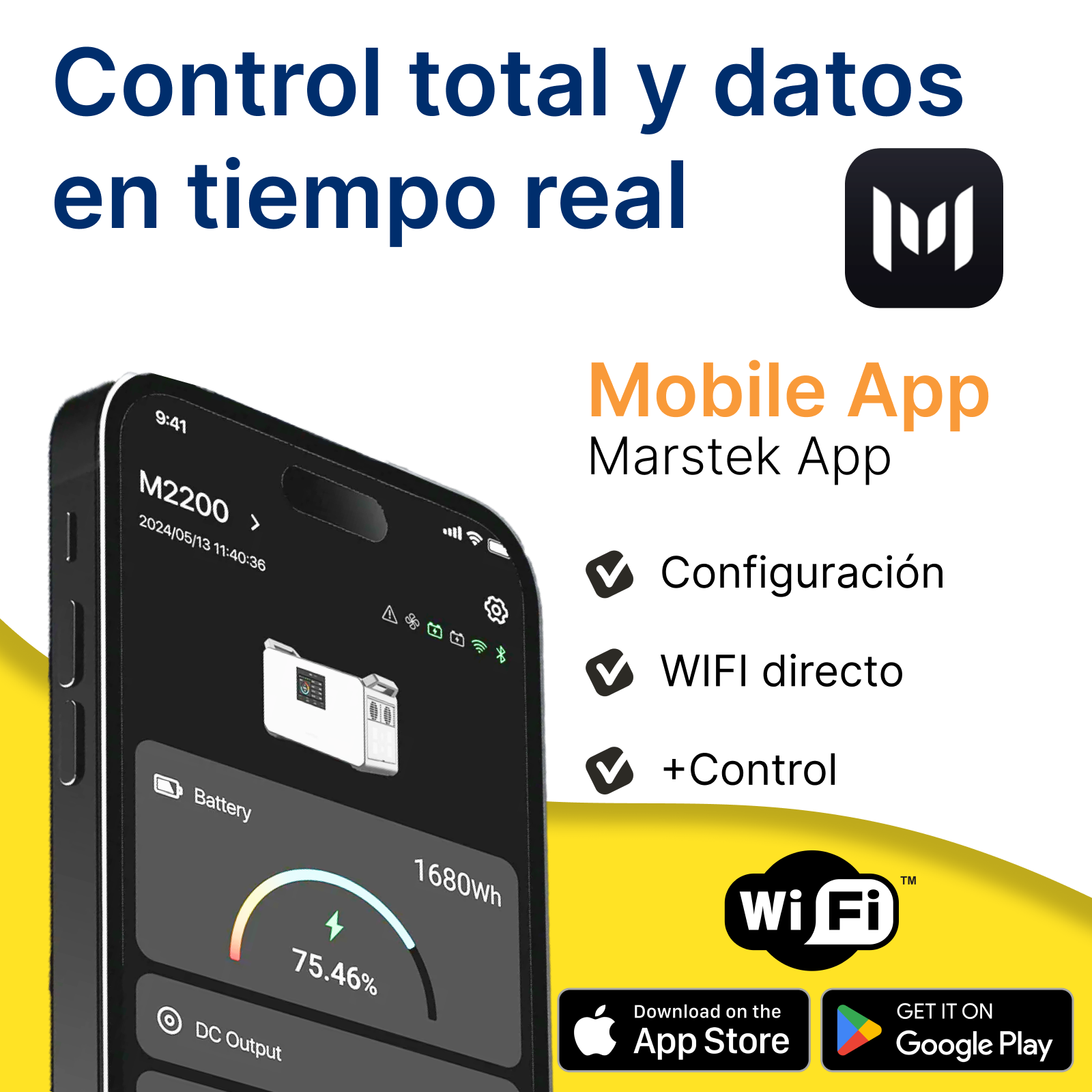 Schermata app mobile con dati batteria e simbolo WiFi. Controllo possibile.