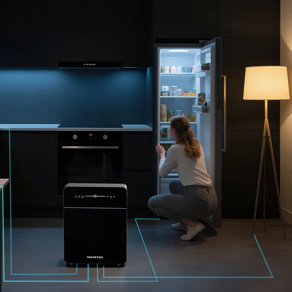 Donna accovacciata vicino a un frigo aperto in cucina buia con purificatore.