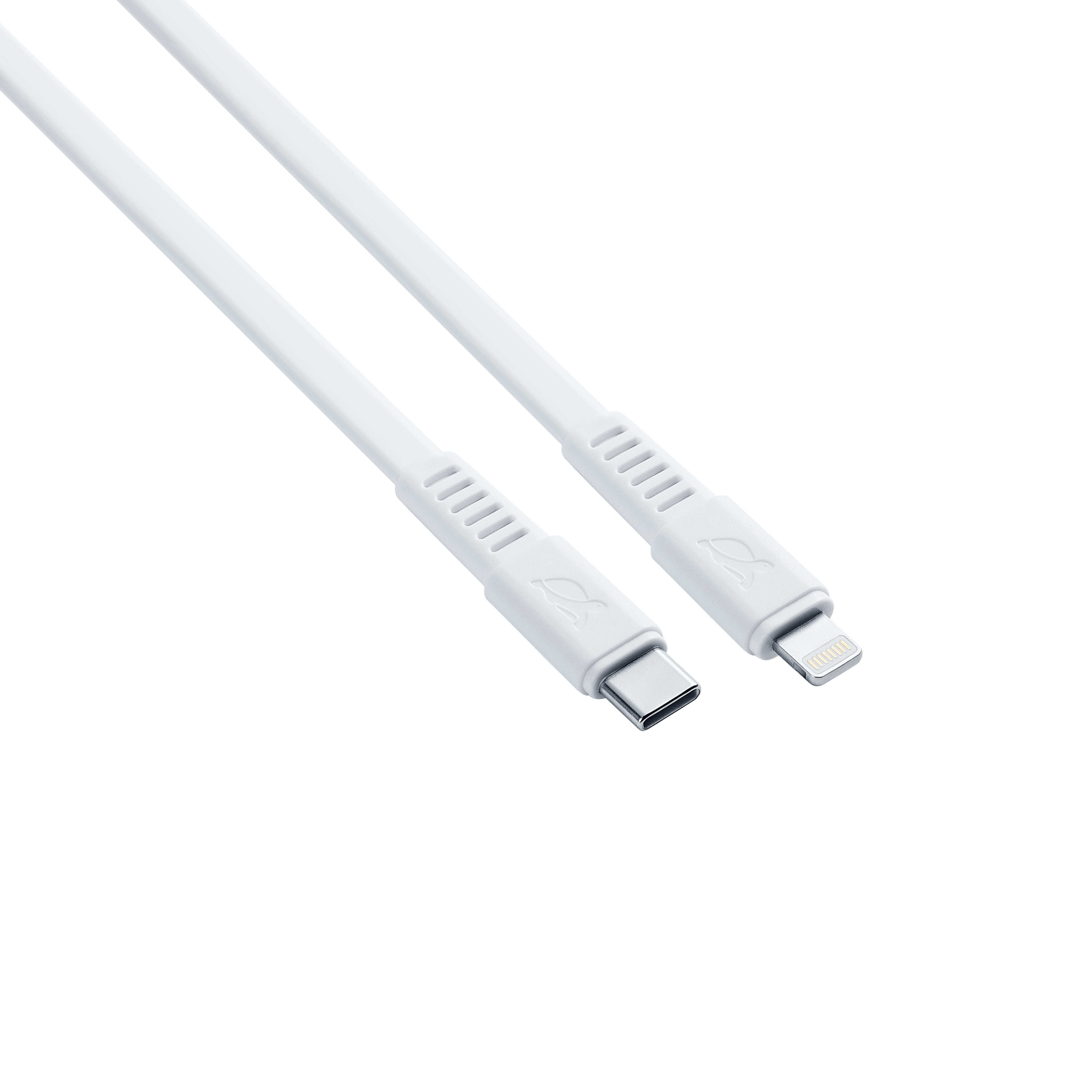 Zwei weiße Kabel: ein USB-C-Stecker und ein Lightning-Stecker.