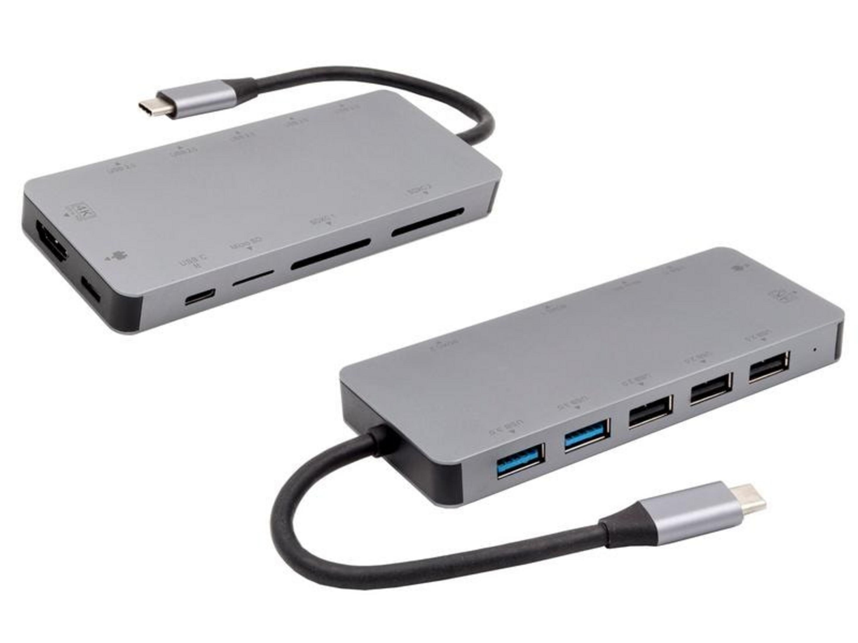 Hub USB-C grigio con HDMI, slot per schede SD e porte USB.